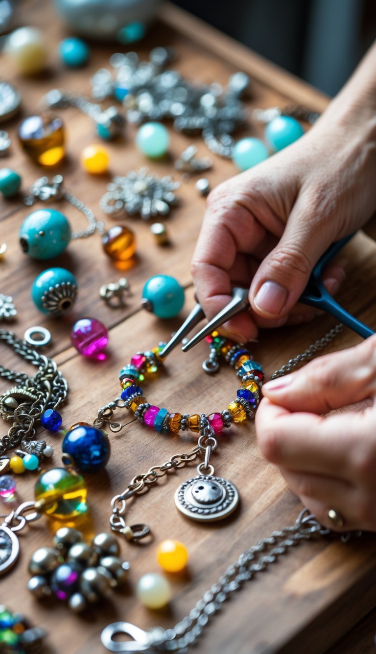 Hands assembling a charm bracelet from broken jewelry pieces on a wooden workspace with beads and tools.